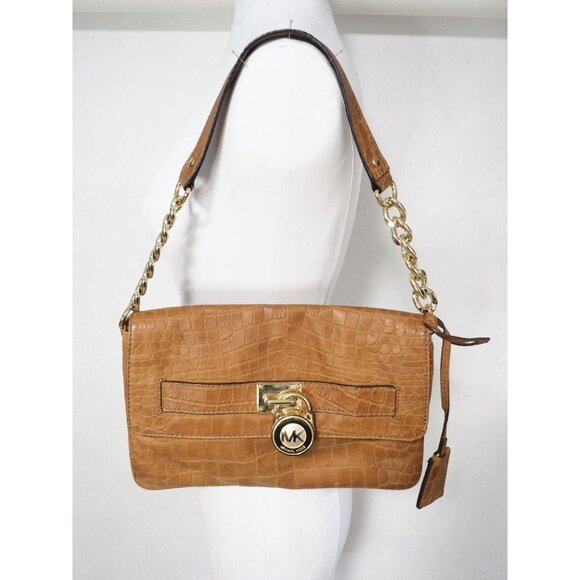 Michael Kors Caramel Brown Alligator Embossed Flap Bag Gold Lock & Chain Strap - Picture 1 of 12